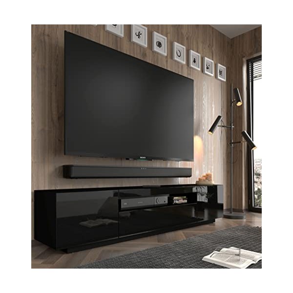 Homlando Aura Armoire TV, 200 cm, à suspendre ou à poser, meuble bas universel, brillant, buffet, noir