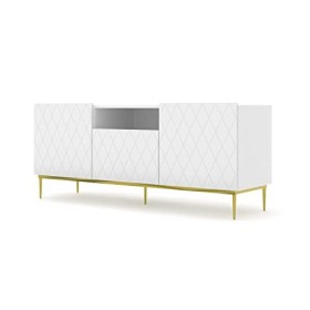 AC-Déco Meuble TV Diuna avec 3 Portes + 1 Niche en Bois Et Pieds Dorés - Blanc Mat - L 145 X P 40 X H 60 Cm