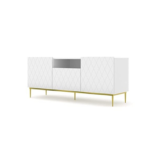 AC-Déco Meuble TV Diuna avec 3 Portes + 1 Niche en Bois Et Pieds Dorés - Blanc Mat - L 145 X P 40 X H 60 Cm