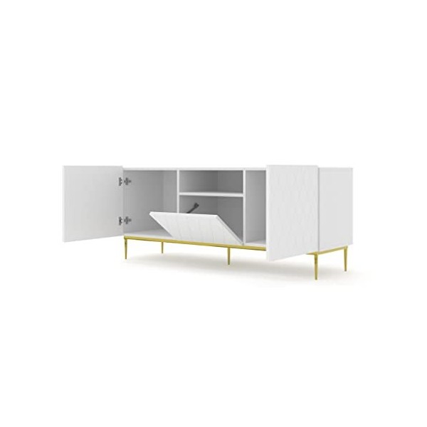 AC-Déco Meuble TV Diuna avec 3 Portes + 1 Niche en Bois Et Pieds Dorés - Blanc Mat - L 145 X P 40 X H 60 Cm
