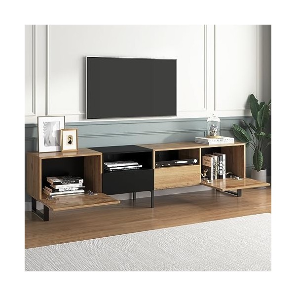 Meuble TV Vintage, Meuble TV Bois 190 cm Meuble TV avec 2 Portes, 2 tiroirs et étagères Ouvertes, Meuble TV Design Industriel