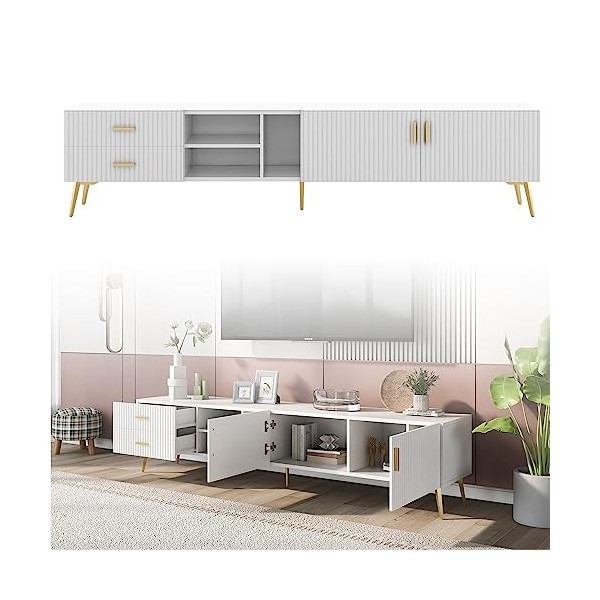 Meuble TV - Table TV jusquà 75 Pouces - Lowboard TV pour Salon 180 cm - avec Pieds en métal et 2 Portes, 2 tiroirs, 3 Compar
