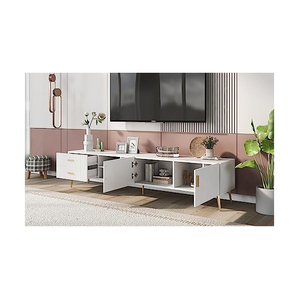 Meuble TV - Table TV jusquà 75 Pouces - Lowboard TV pour Salon 180 cm - avec Pieds en métal et 2 Portes, 2 tiroirs, 3 Compar