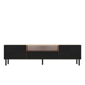 Hucoco Cami | Meuble TV Bas Style Glamour | 1 tiroir + 2 Portes | L 160 cm | Pieds en métal | Façades à lamelles | Noir