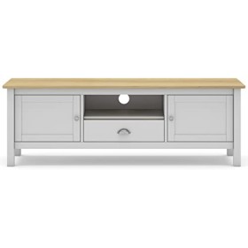 PEGANE Meuble TV en pin Massif chêne et Blanc, Meuble de Rangement - Longueur 158 x Profondeur 40 x Hauteur 53 cm