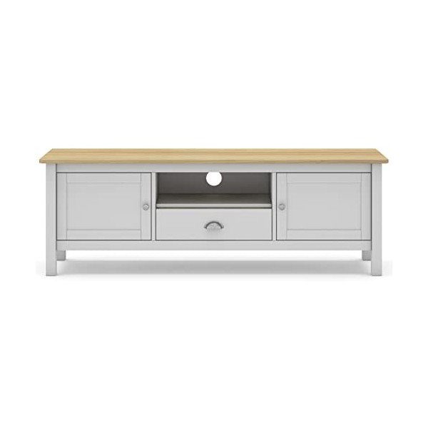 PEGANE Meuble TV en pin Massif chêne et Blanc, Meuble de Rangement - Longueur 158 x Profondeur 40 x Hauteur 53 cm