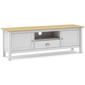 PEGANE Meuble TV en pin Massif chêne et Blanc, Meuble de Rangement - Longueur 158 x Profondeur 40 x Hauteur 53 cm