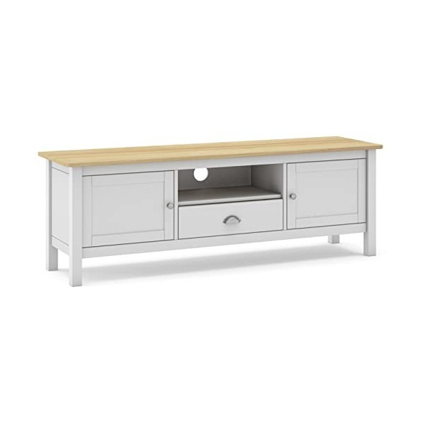 PEGANE Meuble TV en pin Massif chêne et Blanc, Meuble de Rangement - Longueur 158 x Profondeur 40 x Hauteur 53 cm