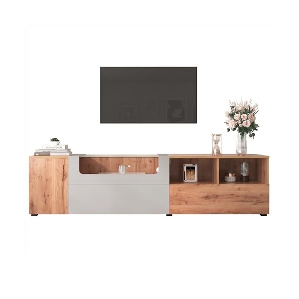 Buffet TV, meuble TV pour téléviseurs, table TV avec portes darmoire, lumières LED et plateau en verre, meuble TV pour meubl