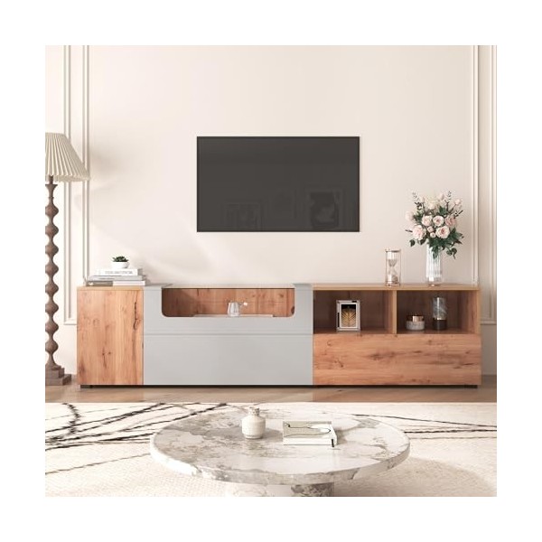 Buffet TV, meuble TV pour téléviseurs, table TV avec portes darmoire, lumières LED et plateau en verre, meuble TV pour meubl