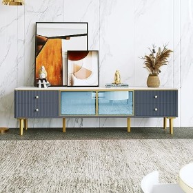 kubeier Meuble TV Effet Marbre, Meuble TV avec 4 Pieds, 4 Tiroirs Structurés avec Poignées Dorées et Deux Portes en Verre Tre