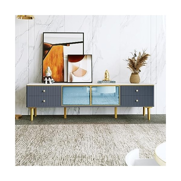 kubeier Meuble TV Effet Marbre, Meuble TV avec 4 Pieds, 4 Tiroirs Structurés avec Poignées Dorées et Deux Portes en Verre Tre