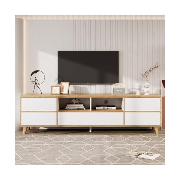 Meuble TV Blanc Moderne, Meuble TV Vintage 175 cm avec 5 Portes, Meuble TV pour Salon, Bureau, Compartiments et Portes de Sty