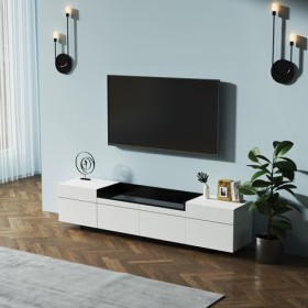kubeier Meuble TV 170 cm avec Trois Portes et Espace de Rangement Unique en Noir Brillant, Meuble Bas, Table TV, Buffet, Comm