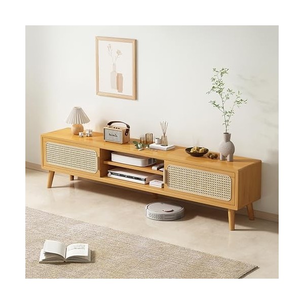 WOLWES Meuble Television Bambou Banc TV, Porte Coulissante en Maille, Table TV Meuble TV Meuble Tele pour Les Téléviseurs Jus