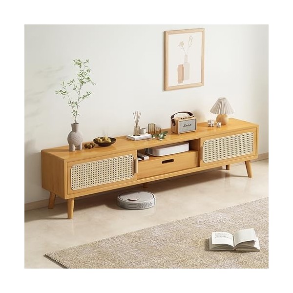 WOLWES Meuble Television Bambou Banc TV, Porte Coulissante en Maille, Table TV Meuble TV Meuble Tele pour Les Téléviseurs Jus