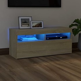 vidaXL Meuble TV avec Lumières LED Armoire Basse Centre de Divertissement Meuble Stéréo Salon Salle de Séjour Intérieur Chêne