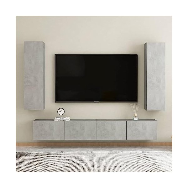 Tidyard Ensemble de Meubles TV Lot de 4 Blanc Aggloméré, Banc TV avec Compartiments de Stockage, Montage Mural Support de Tél