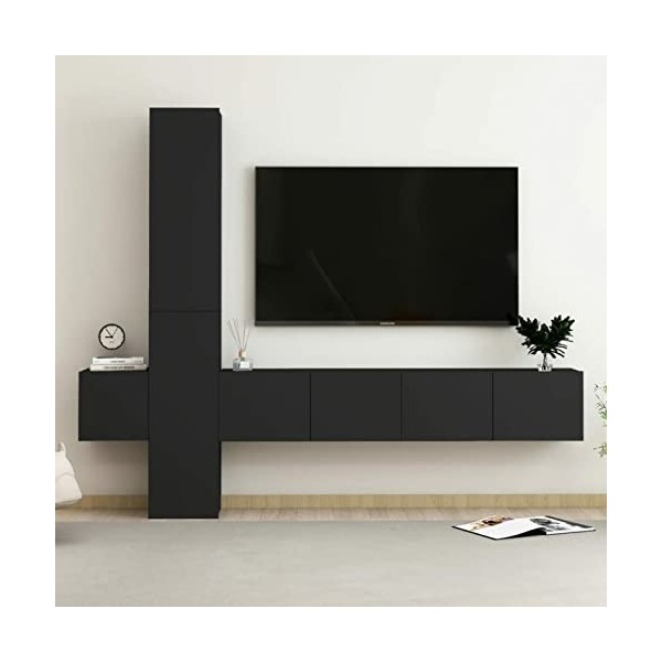 Tidyard Ensemble de Meubles TV Lot de 5 Noir Aggloméré, Banc TV avec Compartiments de Stockage, Montage Mural Support de Télé