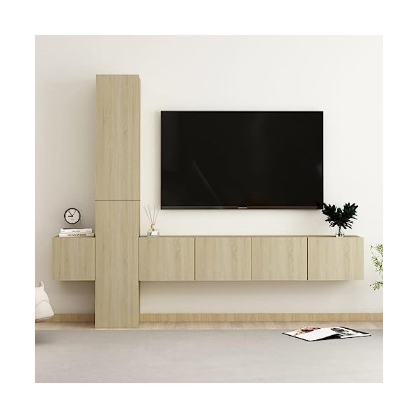 Tidyard Ensemble de Meubles TV Lot de 5 Noir Aggloméré, Banc TV avec Compartiments de Stockage, Montage Mural Support de Télé