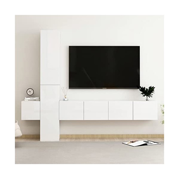 Tidyard Ensemble de Meubles TV Lot de 5 Noir Aggloméré, Banc TV avec Compartiments de Stockage, Montage Mural Support de Télé