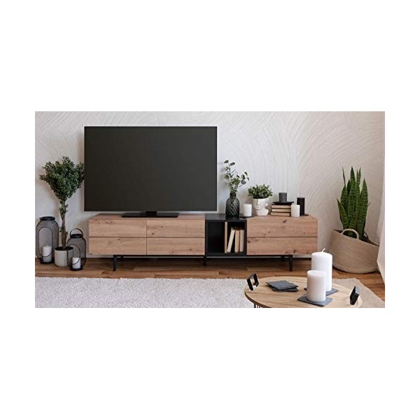 Meuble TV 3 abattants - Décor chene et noir - L 195 x P 37 x H 48 cm - NOLA