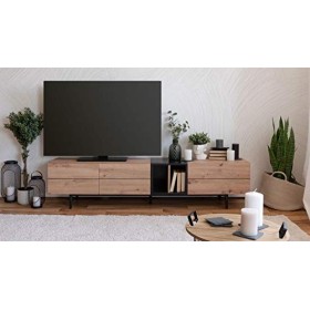 Meuble TV 3 abattants - Décor chene et noir - L 195 x P 37 x H 48 cm - NOLA