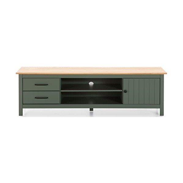 PEGANE Meuble TV en pin Massif décor ciré chêne et Vert, Meuble de Rangement - Longueur 158 x Profondeur 40 x Hauteur 47 cm