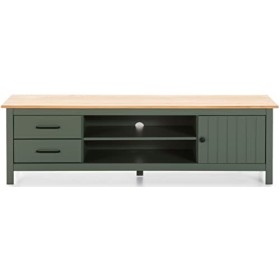PEGANE Meuble TV en pin Massif décor ciré chêne et Vert, Meuble de Rangement - Longueur 158 x Profondeur 40 x Hauteur 47 cm