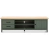 PEGANE Meuble TV en pin Massif décor ciré chêne et Vert, Meuble de Rangement - Longueur 158 x Profondeur 40 x Hauteur 47 cm