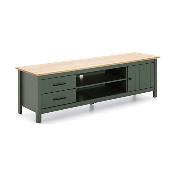 PEGANE Meuble TV en pin Massif décor ciré chêne et Vert, Meuble de Rangement - Longueur 158 x Profondeur 40 x Hauteur 47 cm