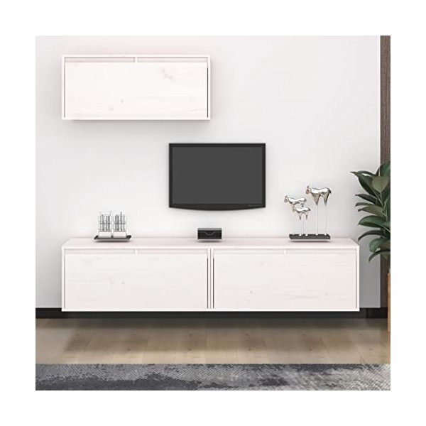 ZEYUAN Meubles TV 3 pcs Blanc Bois Massif de pin,Meuble TV,Table Basse Salon Meuble TV,Table Basse LED Couleurs