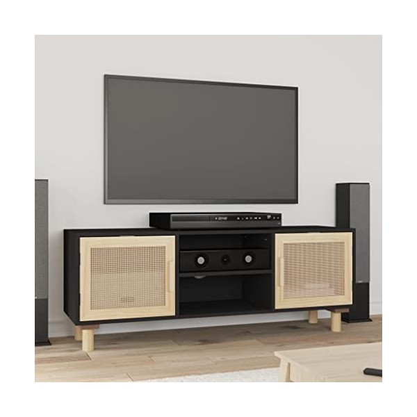 DCRAF Meuble TV de jardin en pin massif et rotin naturel Noir 105 x 30 x 40 cm