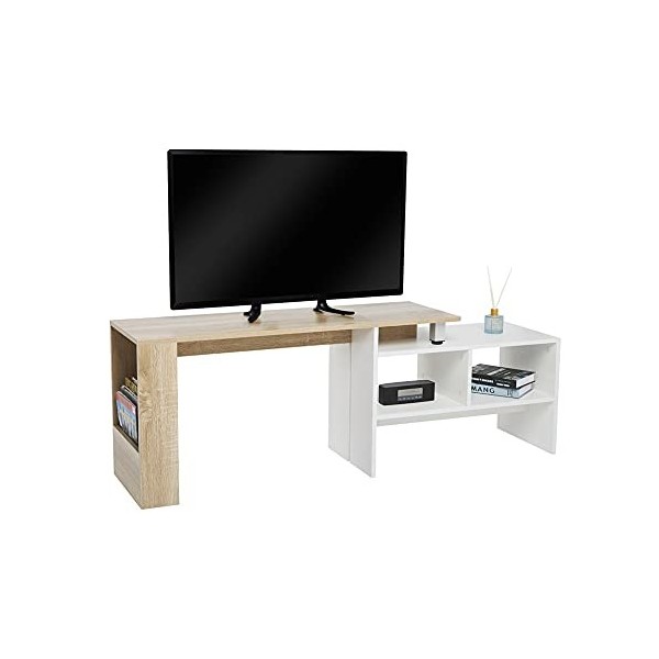 Meerveil - Meuble TV - Meuble Télé Extensible et Ajustable Bois Scandinaves pour Salon, 160 x35 x50 cm Blanc et Chêne