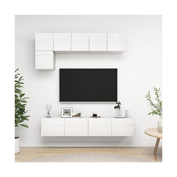 CIADAZ Ensemble de Meuble TV 5 pcs Blanc Brillant Aggloméré,Meuble TV,Table Basse Couleurs,Table Basse Salon Meuble TV