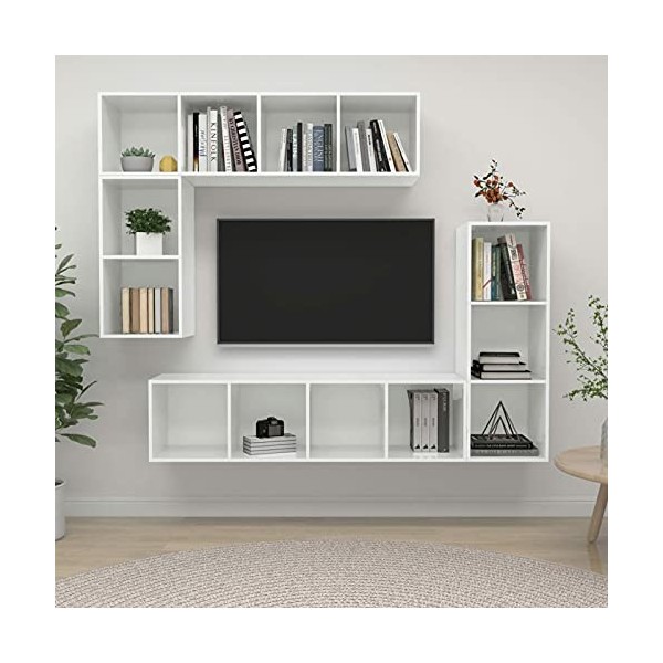 JUNZAI Ensemble de Meubles TV 4 pcs Blanc Brillant Bois dingénierie,Meuble TV,Table Basse Couleurs,Table Basse Salon Meuble 