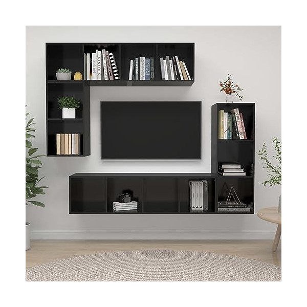 JUNZAI Ensemble de Meubles TV 4 pcs Noir Brillant Bois dingénierie,Table Basse Salon Meuble TV,Meuble TV,Table Basse Couleur