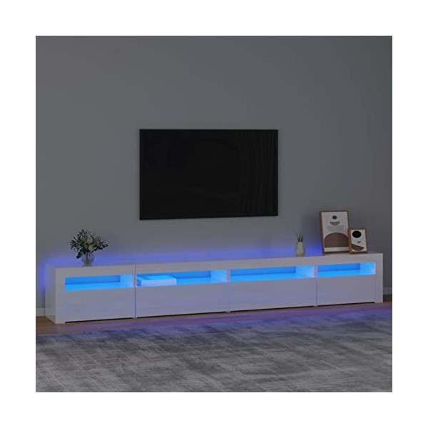 TANZEM Meuble TV avec lumières LED Blanc Brillant 270x35x40 cm,Meuble Bas Salon,Meubles De Salon TV,Meuble TV Longueur