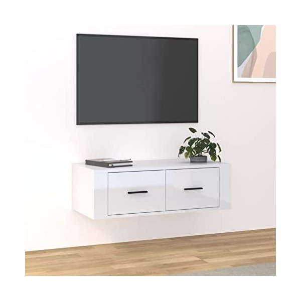 Higsose Meuble TV Salon Suspendu Blanc Brillant 80x36x25 cm Bois dingénierie Armoire Télévision Dessus Stable et Robuste Vit