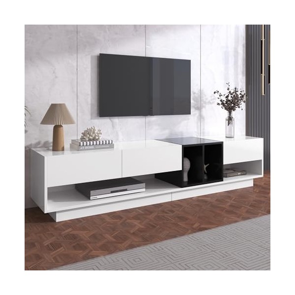 RCBDBSM Meuble TV 190cm, Buffet Salon, Meuble TV en Blanc Brillant et Noir, Meuble TV 190 x 40 x 42 cm avec 3 tiroirs & 2 Com