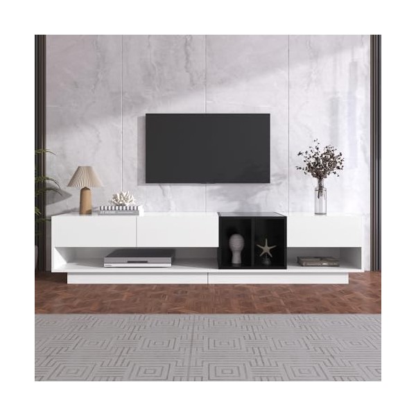 RCBDBSM Meuble TV 190cm, Buffet Salon, Meuble TV en Blanc Brillant et Noir, Meuble TV 190 x 40 x 42 cm avec 3 tiroirs & 2 Com