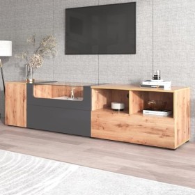 Meuble TV Vintage, Meuble TV Bois 190 cm avec Lumières LED et 2 Compartiments Ouverts, Plateau en Verre, Design Industriel po