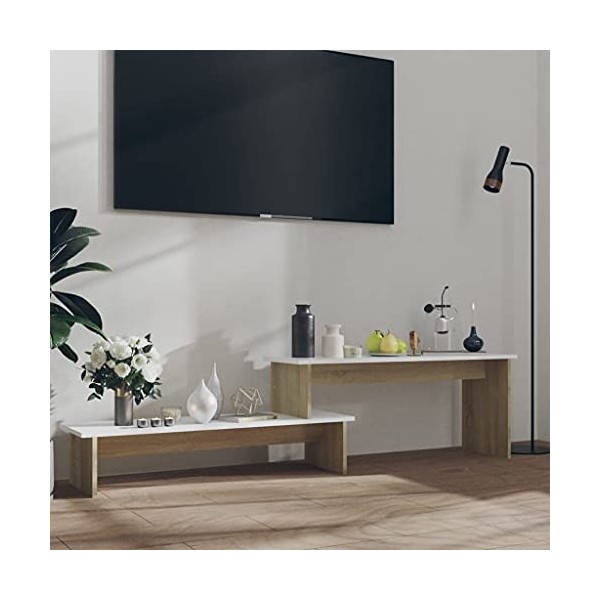Meuble TV | Style Contemporain | Rangement matériel télé Audio Video Gaming | 180x30x43cm chêne Sonoma et Blanc