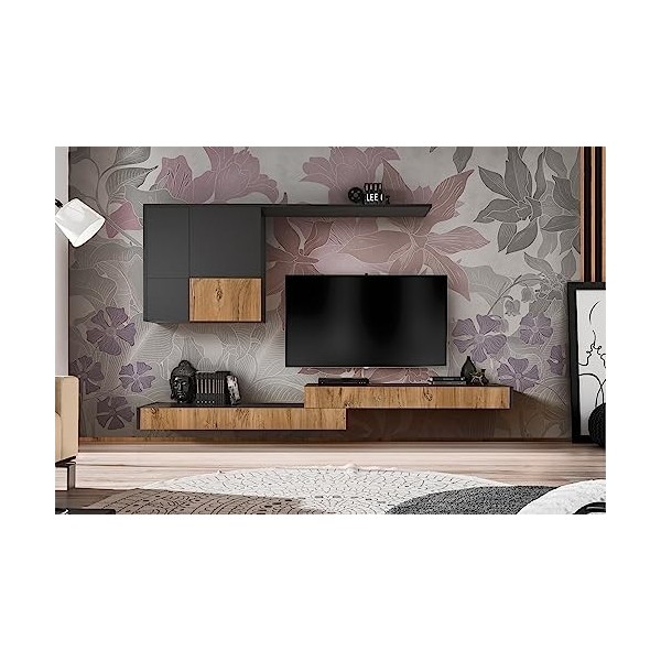 Meuble TV Loft Small I Corps Anthracite Gris Mat I Façade Couleur Chêne Bijoux I 285 x 200 x 42 cm I Salon I Style Industriel