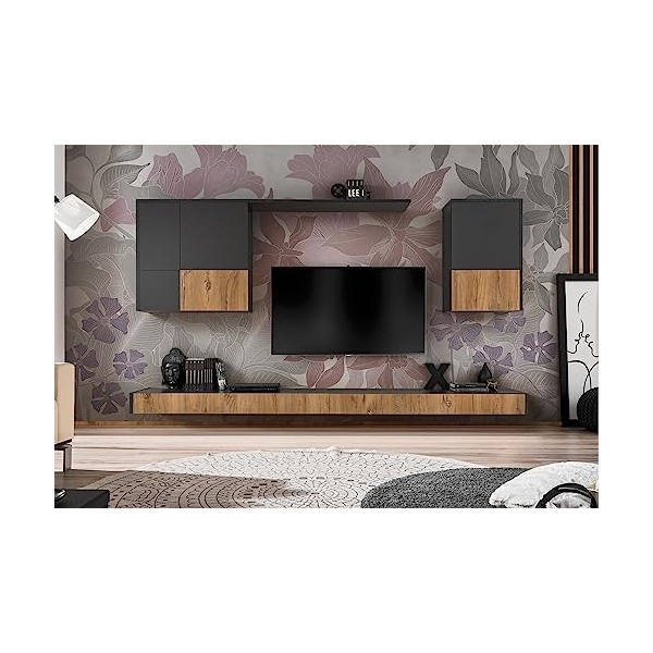Meuble TV Loft Small I Corps Anthracite Gris Mat I Façade Couleur Chêne Bijoux I 285 x 200 x 42 cm I Salon I Style Industriel