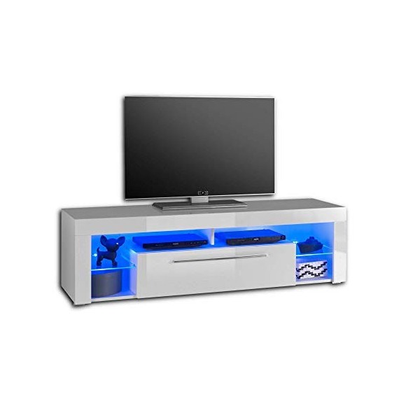 Stella Trading 1 Goal Bas en Blanc Brillant avec éclairage LED Bleu-Meuble TV de qualité supérieure avec Beaucoup despace de