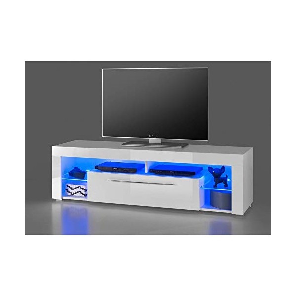 Stella Trading 1 Goal Bas en Blanc Brillant avec éclairage LED Bleu-Meuble TV de qualité supérieure avec Beaucoup despace de