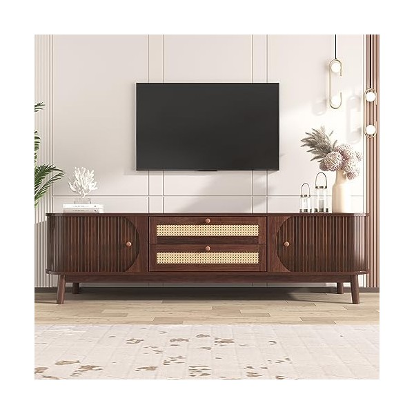 Meuble TV avec 2 Portes et 2 tiroirs, Meuble TV avec côtés en rotin, Meuble TV combiné Moderne pour Bureau de Salon, 170 L x 