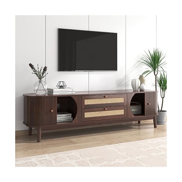 Meuble TV avec 2 Portes et 2 tiroirs, Meuble TV avec côtés en rotin, Meuble TV combiné Moderne pour Bureau de Salon, 170 L x 