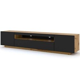Lowboard Aura Armoire TV, 200&nbsp;cm, à suspendre ou à poser, basse, buffet, meuble HiFi, table, chêne artisanal et noir mat, sa